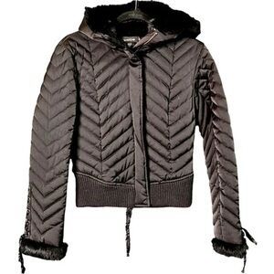 Bebe Black Puffer Jacket with Faux Fur Trim